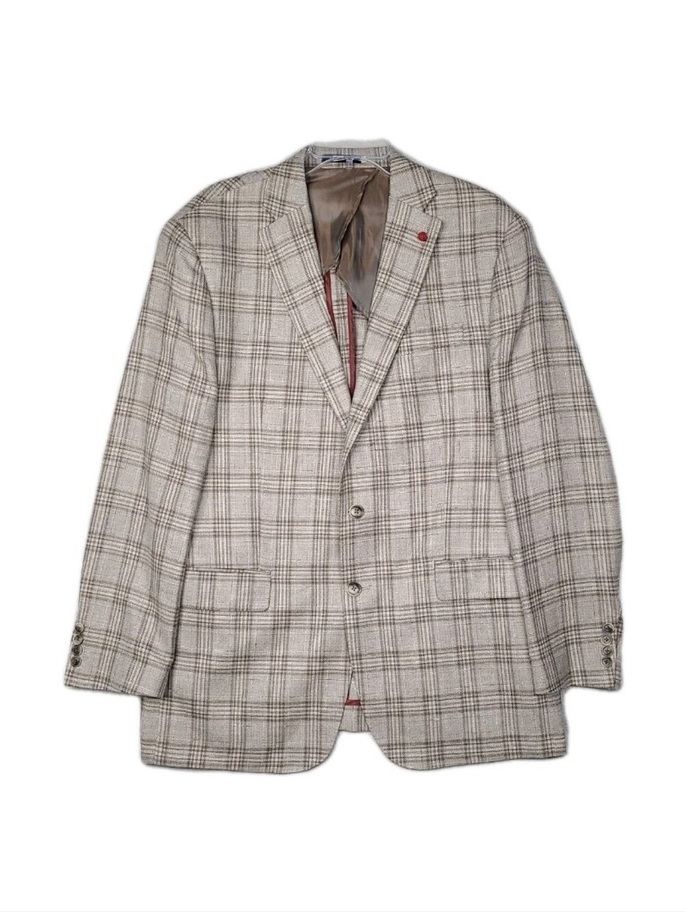 E.Thomas Brown Wool Silk Linen Blend Windowpane Plaid Blazer Jacket 44 Long